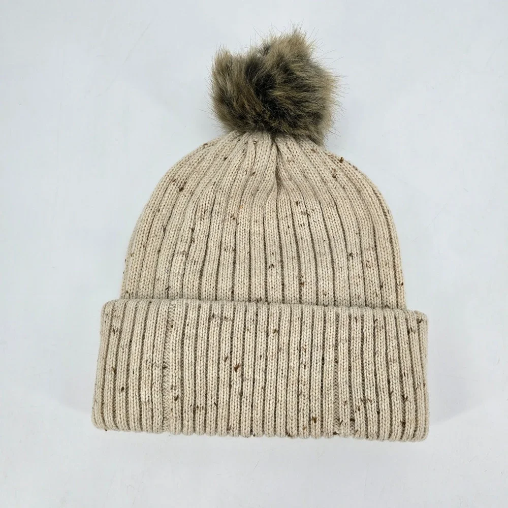 Carhartt Women's Wool Blend Faux Fur Pom Beanie Oatmeal Speckled Workwear